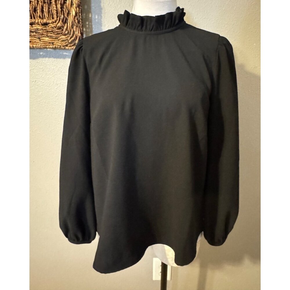 J Crew Top M Medium Black Ruffle Crew Neck Washable Long Sleeve Classic - Picture 9 of 12